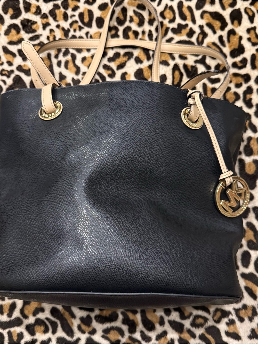 Michael Kors Black Tote with Tan Handles and Gold Hardware